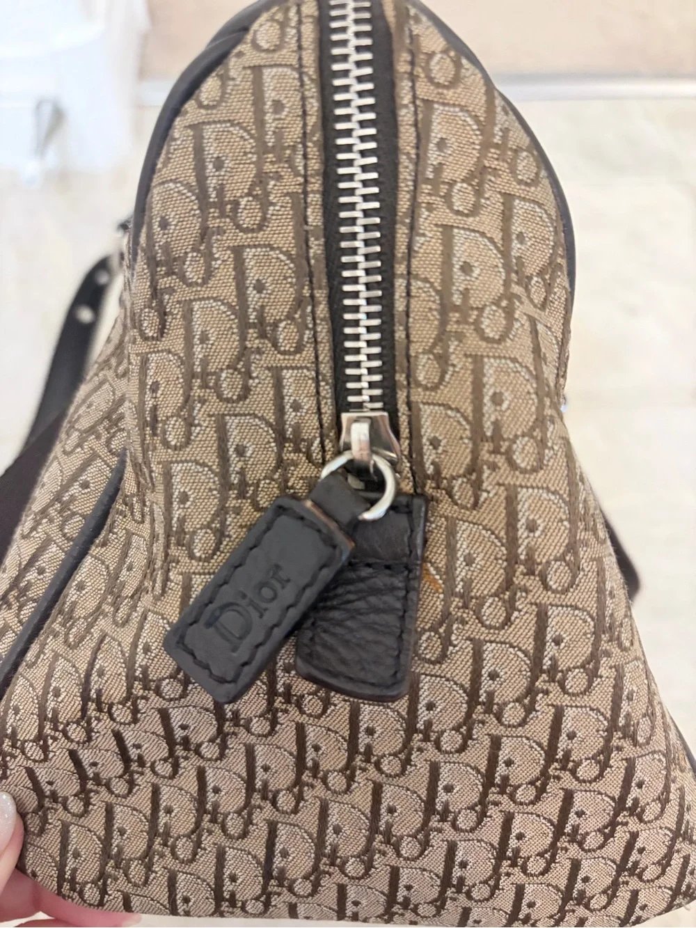 Dior Brown Beige Monogram Shoulder Bag with Black Trim